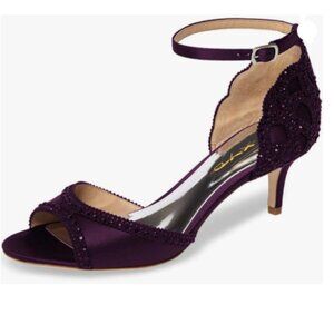 XYD Dark Purple Open Toe Rhinestones Ankle Strap Sandals Low Heel Bridal Shoes